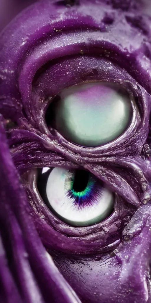 Image similar to macro shot, close-up of a purple squid eye, intricate iris, ultrarealistic, highly detailed, octane render, ray tracing