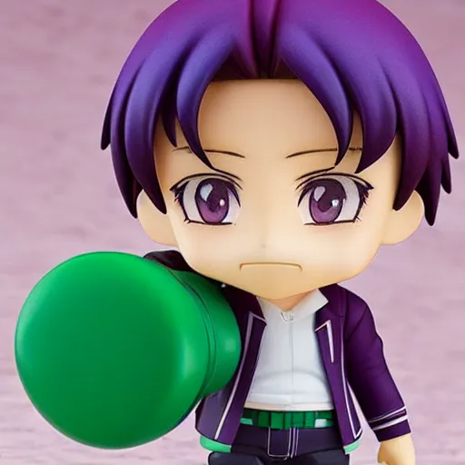 Image similar to nendoroid of a man with green long messy hair, purple eyes, round eyebrows and purple clothes