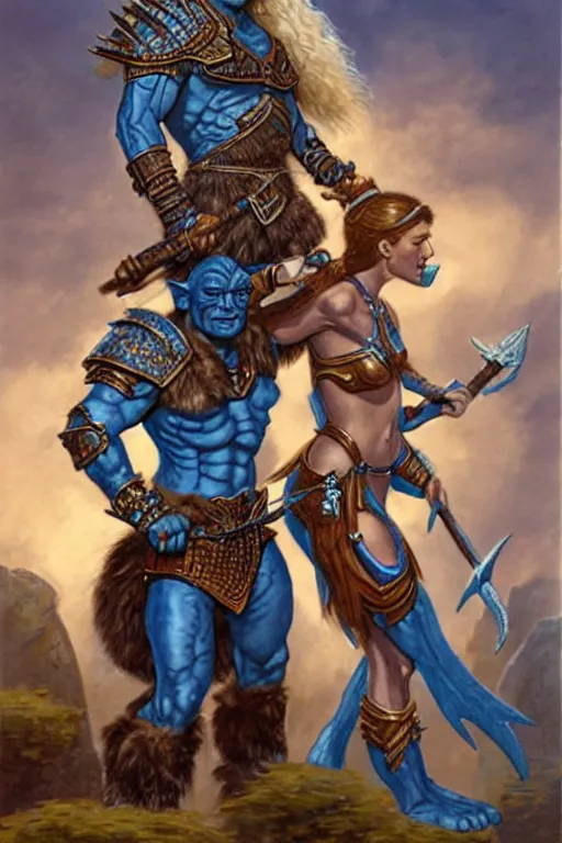 Image similar to a small blue-skinned triton girl wearing scale armor riding on a the shoulders of a large male goliath wearing fur and leather armor, dnd concept art, painting by Jeff Easley