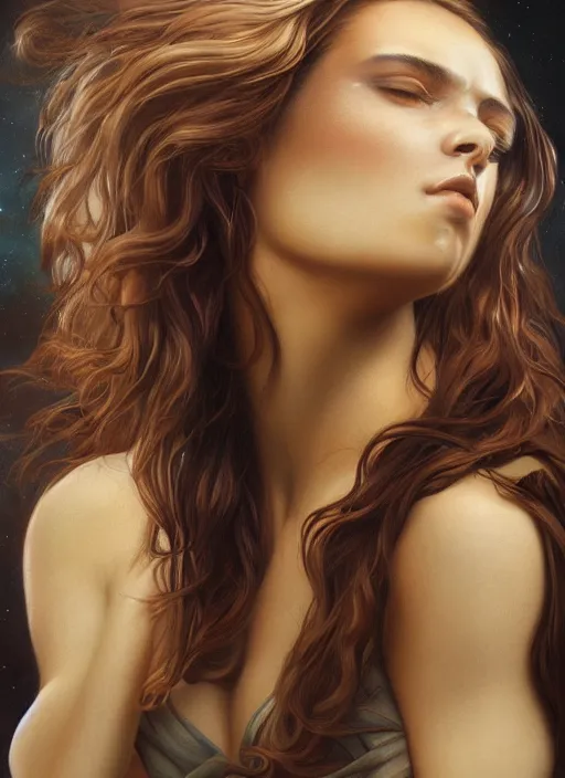 Image similar to portrait of the most beautiful 20-year-old Greece woman by boris Vallejo and Tom Bagshaw, close up, detailed, Sony a7R