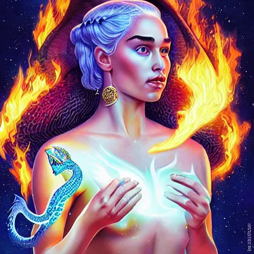 Image similar to cosmic stunning daenerys targaryen portrait with her serpent dragon of fire flame, queen of dragons, fire flaming dragon serpent, Pixar style, by Tristan Eaton Stanley Artgerm and Tom Bagshaw.