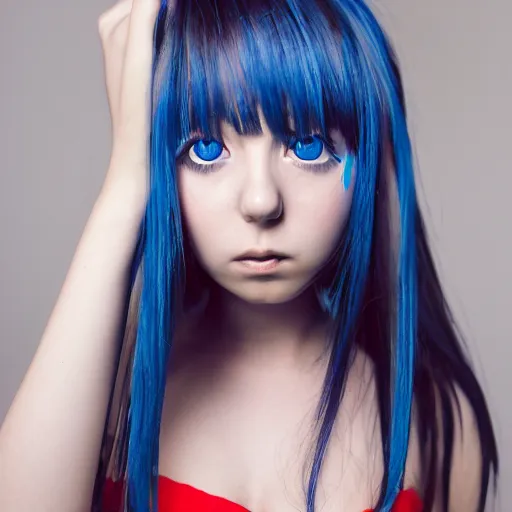 Prompt: (anime girl), steel blue symmetric eyes ,sitting on simple IKEA chair, 24yo, studio, 35mm, annie leibowit