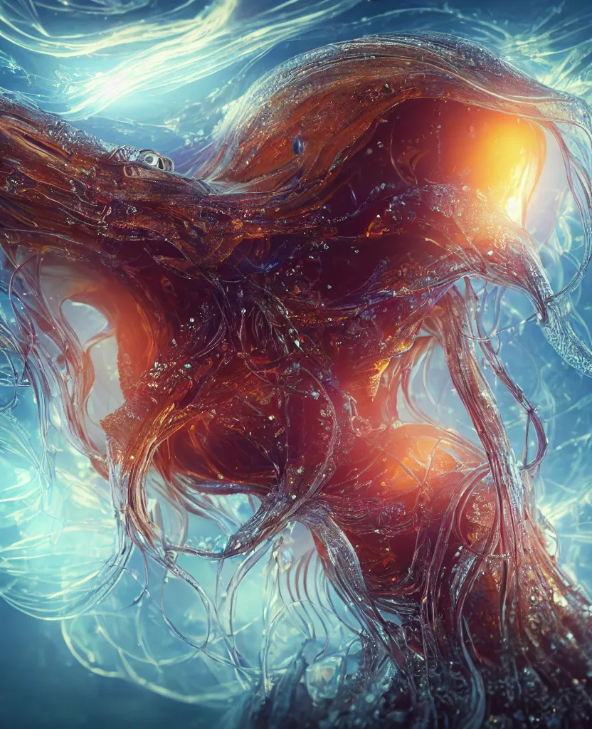 Image similar to close-up macro portrait of the face of a beautiful princess, epic angle and pose, symmetrical artwork, 3d with depth of field, blurred background, cybernetic jellyfish female face skull phoenix bird, translucent, nautilus, energy flows of water and fire. a highly detailed epic cinematic concept art CG render. made in Maya, Blender and Photoshop, octane render, excellent composition, cinematic dystopian brutalist atmosphere, dynamic dramatic cinematic lighting, aesthetic, very inspirational, arthouse. y Greg Rutkowski, Ilya Kuvshinov, WLOP, Stanley Artgerm Lau, Ruan Jia and Fenghua Zhong