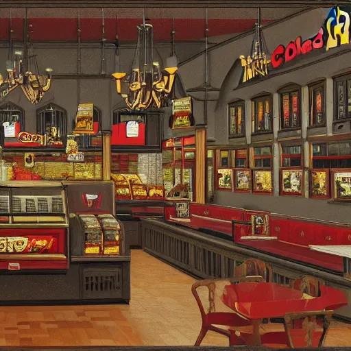 Prompt: interior of a mcdonald's in the style of gothic, circa 1 9 9 9, hyper detailed, 8 k