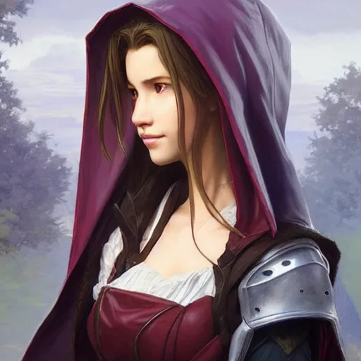 Image similar to aerith gainsborough in destiny warlock armor, wearing a hooded cloak, beautiful face!!!!, 2 7 years old, cg animation, realistic, character select portrait, by artgerm, greg rutkowski, alphonse mucha, 3 d