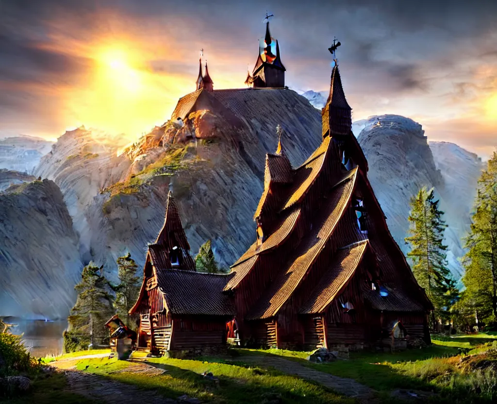 Prompt: Hopperstad Stave Church, medieval wooden church by norwegian fjord, beautiful scenery, mountains, sea, rocks, evening sunset, birds returning to their nest, a matte painting by Filip Hodas, featured on cgsociety, magical realism, matte painting, anamorphic lens flare, concept art