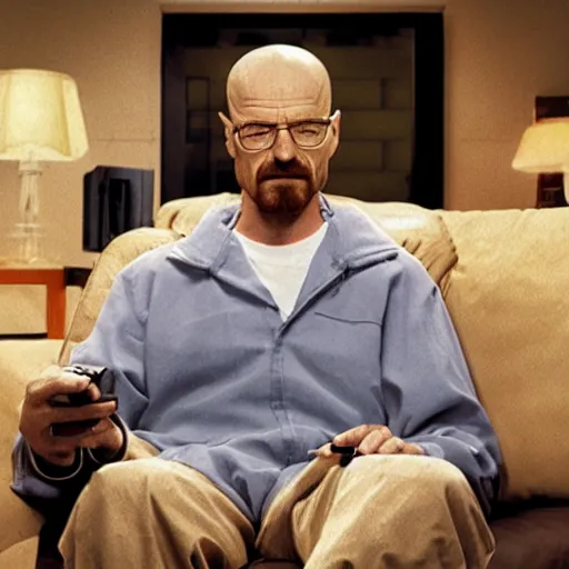 Prompt: Walter White sitting on a couch holding a Nintendo 64 controller, 8k