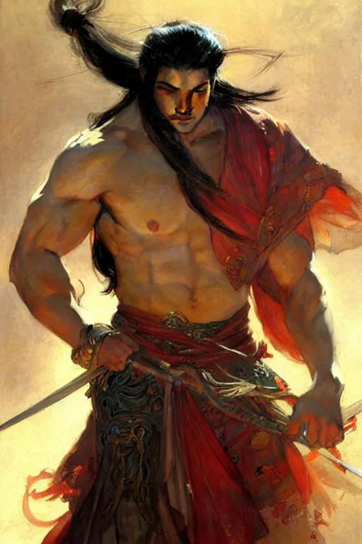 Image similar to wuxia, attractive beefy man, character design, colorful, painting by gaston bussiere, craig mullins, greg rutkowski, j. c. leyendecker