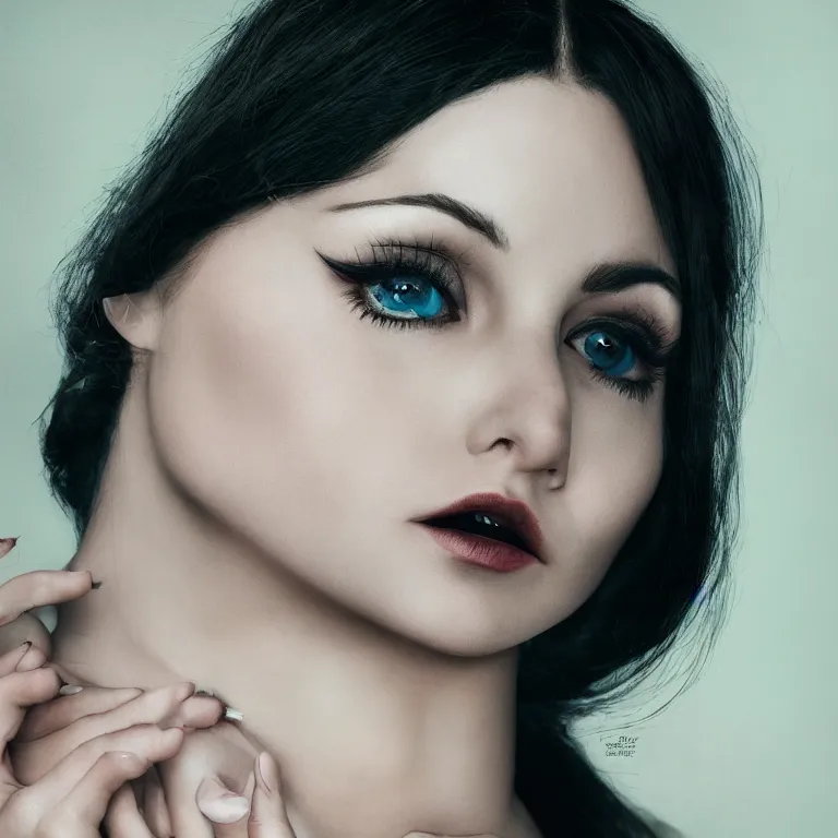 Image similar to hight focus of a wonderful realistic focused sweet wonderful symmetrical centered mid portrait of a wonderful realistic lonely woman, her makeup is 7 0's style, dressed with a wonderful, majestic, large semi transparent black cotton dress, dramatic light, octane render, - 8 k