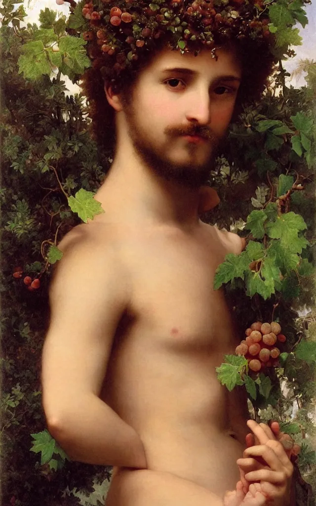 Prompt: portrait of Dionysus with leaves and grape in hair by Bouguereau