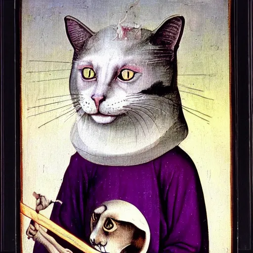 Prompt: portrait of the cat of cheshire bosch with pink and purple stripes and a malicious smile by hieronymus bosch. oil on wood