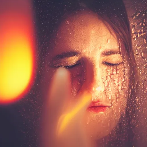 Image similar to woman crying with water on her face, personal painting, light coming from a candle