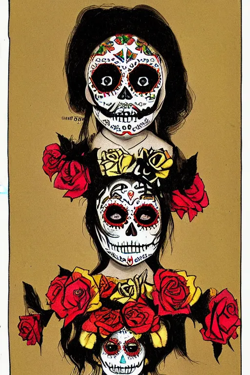 Image similar to illustration of a sugar skull day of the dead girl, art by franciso goya