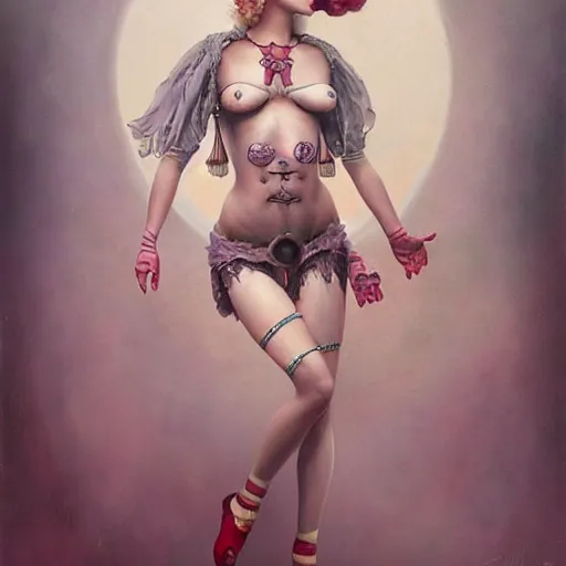 Image similar to artstyle by Tom Bagshaw, ultra realist soft painting of a carnival of curiosities, single beautiful female clown with a top cloth and hotpants, symmetry accurate features, very intricate details, focus, curvy, award winning