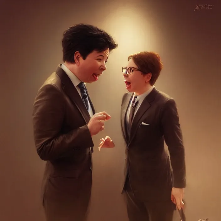 Prompt: michael mcintyre flirting with a singing waitressa, elegant, real life skin, intricate artwork, high detailed, artstation, concept art, smooth, sharp focus, art by artgerm and greg rutkowski