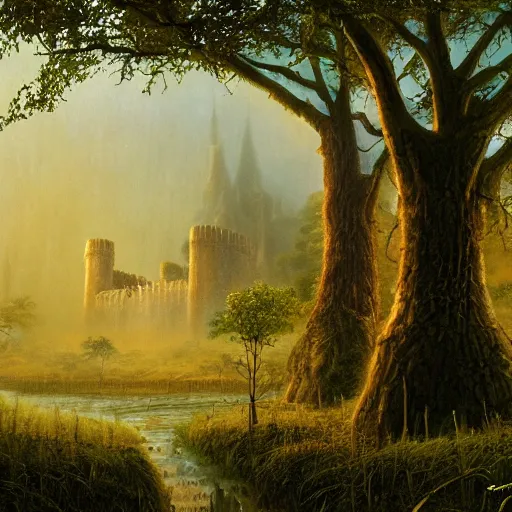 Image similar to fortress in the misty woods, crisp, clear, matte oil painting, darrell k sweet, wallpaper