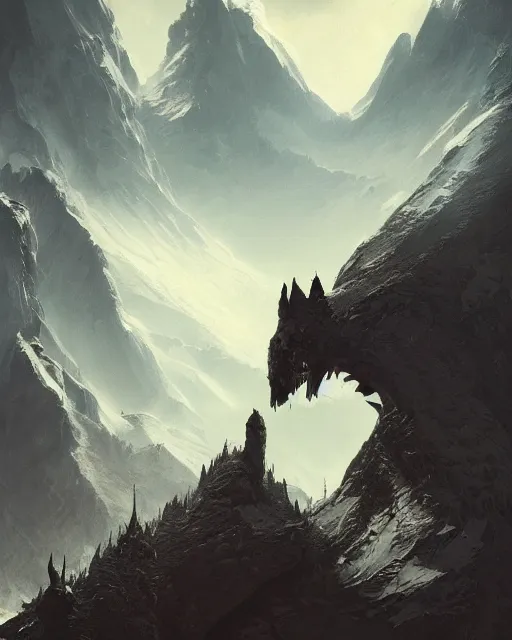 Image similar to a mountain in the shape of wolf dental arch, terrifying, environment art, fantasy art, landscape art, in the style of greg rutkowski, illustration, epic, fantasy, intricate, hyper detailed, artstation, concept art, smooth, sharp focus, ray tracing