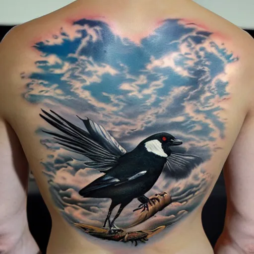 Image similar to back piece tattoo of a magpie flared out on a background of thunderclouds and lightning, high detail
