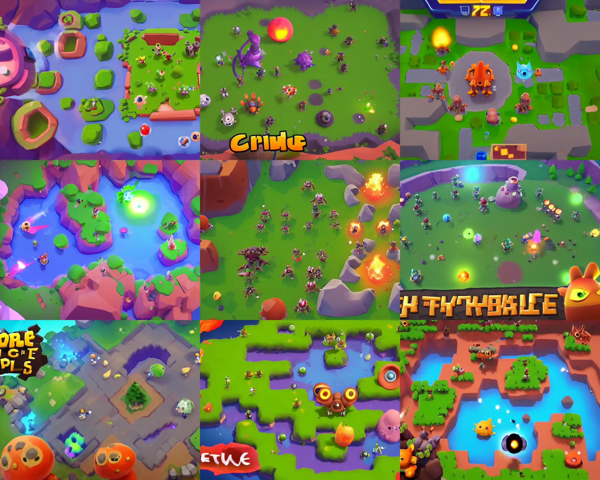 Prompt: mobile battle royale game about alien cute little animals that land with different biomes, craters, alien capsules, bushes in the visual style of Spore and Brawl Stars and little bit of Eternal Cylinder, view from above and slightly behind, game screenshot, with stamina and health ui and ux, epic battle in end of the game, world curvature, 3rd-person camera!
