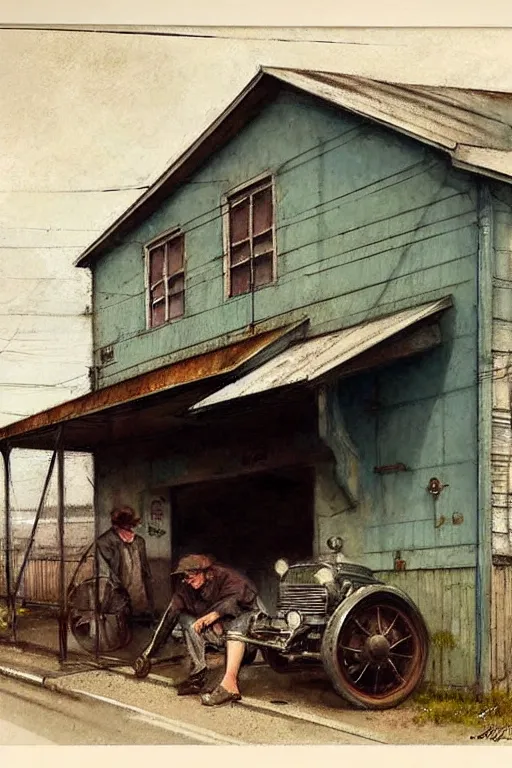 Image similar to (((((1950s small town mechanics shop with car out front. muted colors.))))) by Jean-Baptiste Monge !!!!!!!!!!!!!!!!!!!!!!!!!!!