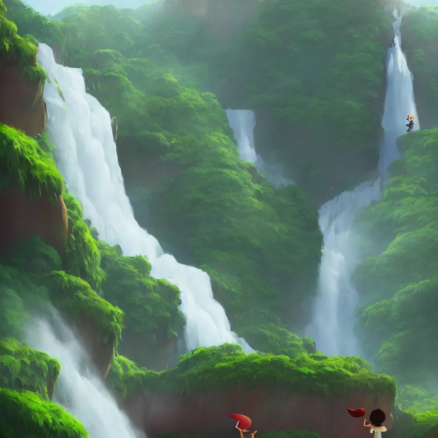 Image similar to Goro Fujita illustrating Front view of a gigantic waterfall surrounded by the Amazon, there are no animals or people, only vegetation, concept art, sharp focus, highly detailed, ArtStation