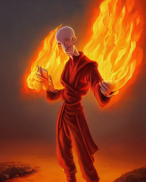 Prompt: [ squidward ] wearing fire nation clothing and practicing firebending outside at susnset, oil painting, highly [ detailed ], intricate, hd, sharp focus, photorealistic, by ( moebius ) and greg rutkowski and thomas kinkade, trending on artstation, trending on cgsociety, realistic shading and lighting