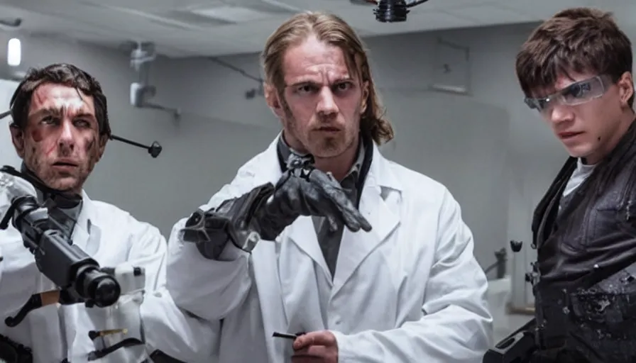 Image similar to big budget action movie about science lab, where a battle cyborg shoots a scientist