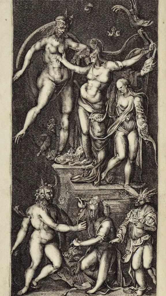 Image similar to esoteric etching print of the devil and his wife, amphitheatrum sapientiae aeternae, 1 5 9 5