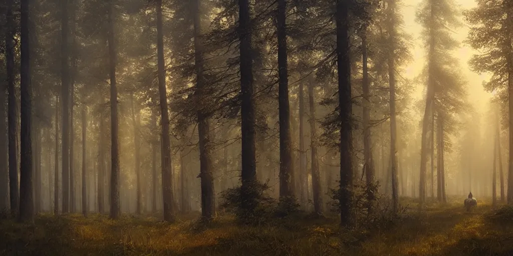 Prompt: swedish forest, photoreal, dawn, hazy, fog, golden hour, sunlight, beautiful!!!!!!!!!, greg rutkowski, cinematic, atmospheric