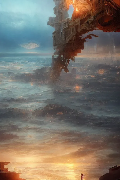 Image similar to magnificent view of the city of atlantis rising on the sea, intricate, elegant, volumetric lighting, digital painting, highly detailed, artstation, sharp focus, illustration, concept art, ruan jia, steve mccurry