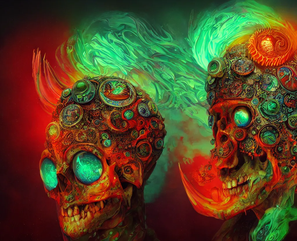 Image similar to psychedelic shaman close-up portrait. amanita muscaria phoenix head, nautilus, insect, skull, ice and fire, bioluminiscent creatures, intricate artwork by Tooth Wu and wlop and beeple. octane render, trending on artstation, greg rutkowski very coherent symmetrical artwork. cinematic, hyper realism, high detail, octane render, 8k