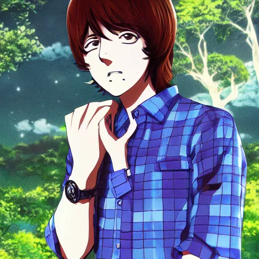 Prompt: anime illustration of young Paul McCartney from the Beatles, wearing a blue and white check shirt and watch, outdoors in Singapore, ufotable