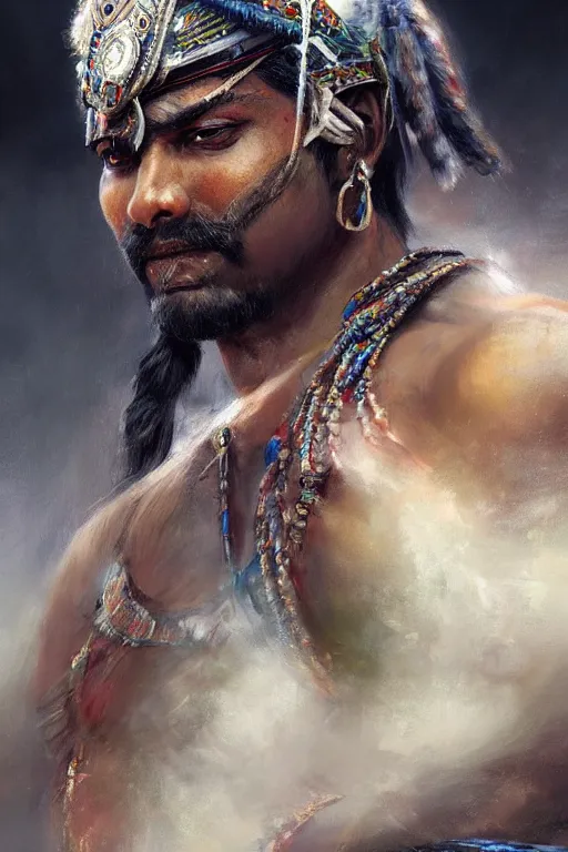 Image similar to indian warrior, close - up portrait, fierce, intricate, elegant, volumetric lighting, scenery, digital painting, highly detailed, artstation, sharp focus, illustration, concept art, ruan jia, steve mccurry