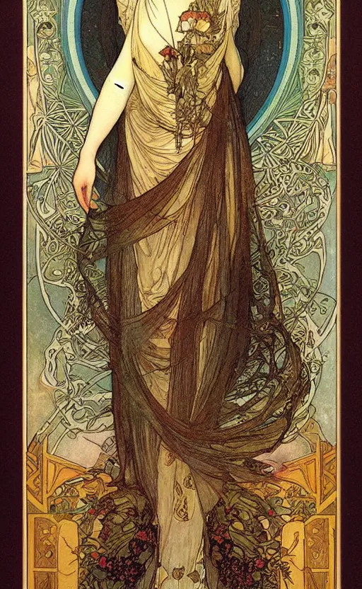 Image similar to the empress, tarot, beautiful border, by alfons maria mucha, highly detailded