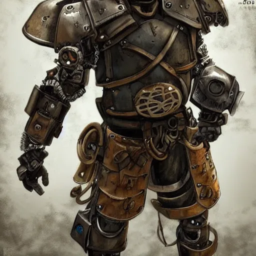 Image similar to a post-apocalyptic powered armored knigh in the style of steampunk/dieselpunk Trending on artstation DeviantArt Pinterest Photorealistic HD 8k highlights and shadow detailed High Resolution