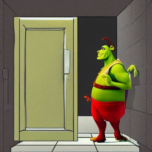 Prompt: digital art of shrek opening toilet door