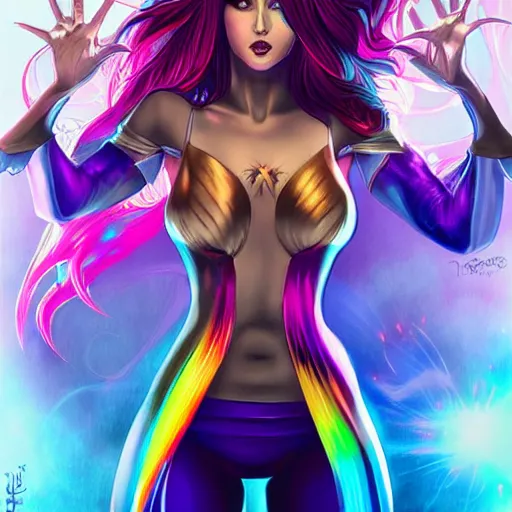 Prompt: sorceress by artgerm, brunette, casting a spell, rainbow coloured magic sparks, full body