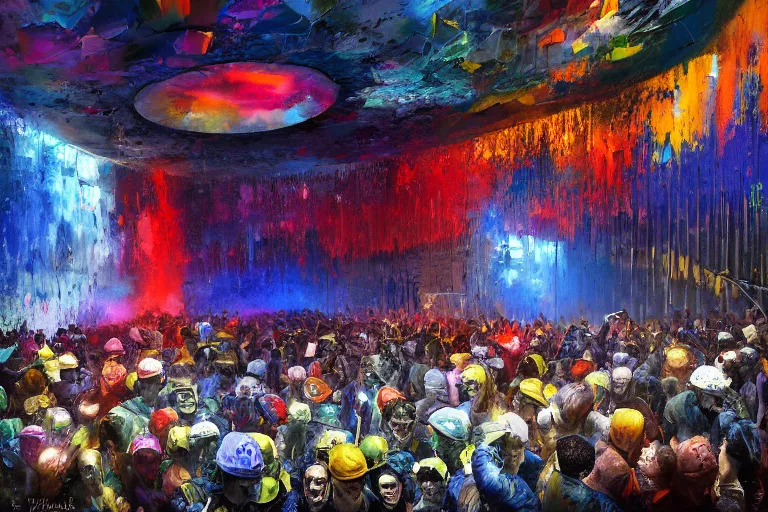 Image similar to palette knife oil painting of psychedelically lit exposed concrete walls, a crowd of clubbers, surrounding a cement fighting pit shaped like a satellite dish., extreme detail, artstation trending, artgerm, any racial background, deviant art, octane, substance, art history 8 k