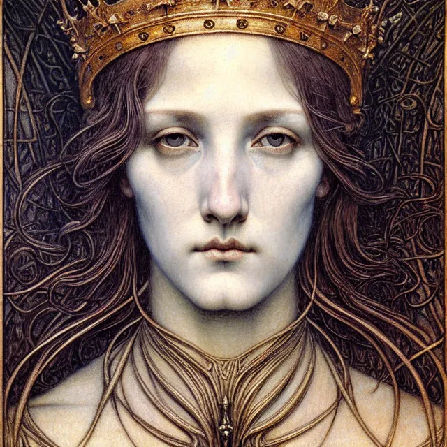 Image similar to detailed realistic beautiful young medieval queen face portrait by jean delville, gustave dore and marco mazzoni, art nouveau, symbolist, visionary, gothic, pre - raphaelite. horizontal symmetry