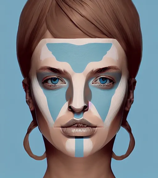 Image similar to portrait of a woman raised on the island face tatooes by greg tocchini, dynamic lighting, gradient light blue, brown, blonde cream and white color scheme, grunge aesthetic