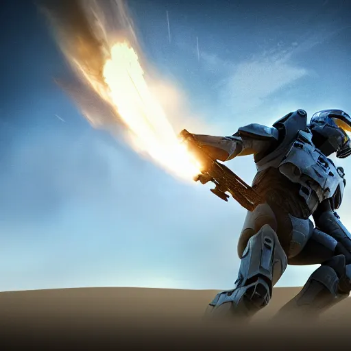 Image similar to ultra realistic 3 d render of master chief on a desert planet. epic image. action pose. explosions. sunrise. canon rf 2 4 - 7 0 mm f 2. 8 l is usm