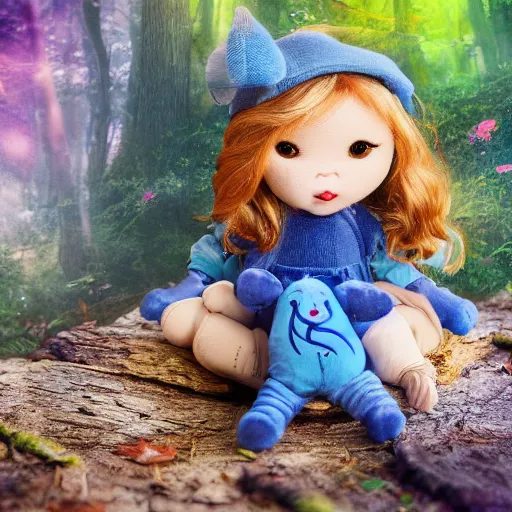 Image similar to blue'snappy gifts doll'in magical forest, gifts, dark atmosphere, high detail, soft lighting, 8 k