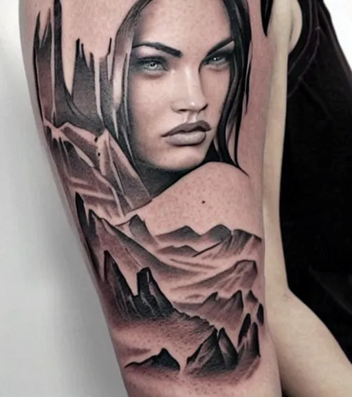 Image similar to double exposure effect tattoo design sketch of megan fox with beautiful mountain scenery, realism tattoo, in the style of matteo pasqualin, amazing detail, sharp