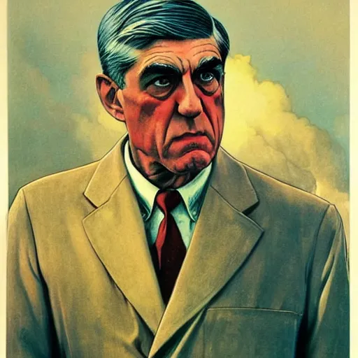 Image similar to soviet propaganda of robert mueller, by j. c. leyendecker, bosch, and beksinski