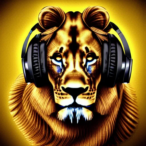 Image similar to steampunk rastafari lion wearing headphones and using a computer, photorealistic 4 k detailed digital art