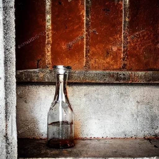 Prompt: bottle of milk, over a rusted metal table inside a jail cell in a slaughterhouse