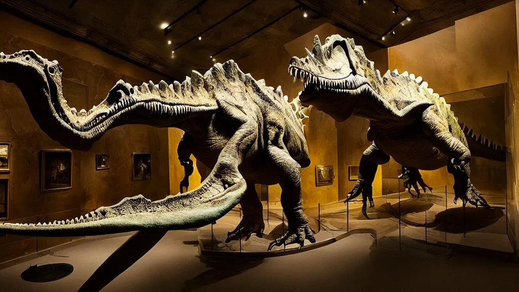 Image similar to the dinosaur through a museum, made of wax and water, film still from the movie directed by Denis Villeneuve with art direction by Salvador Dalí, wide lens