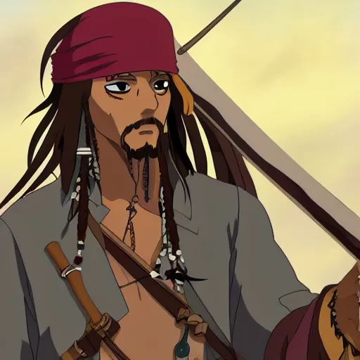 Image similar to Jack Sparrow as an anime character from Studio Ghibli. Beautiful. 4K.