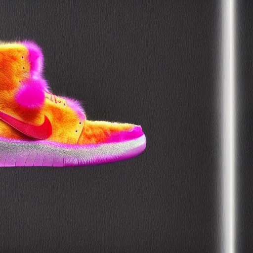 Image similar to poster nike shoe made of very fluffy colorful faux fur placed on reflective surface, professional advertising, overhead lighting, heavy detail, realistic by nate vanhook, mark miner