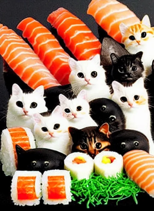 Image similar to clear photorealistic picture of adorable cats made out of sushi